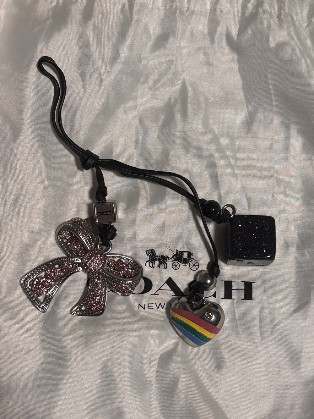 Coach Pink Crystal Bow, Rainbow Heart, and dice Charm Keyring from LL Rogue 31